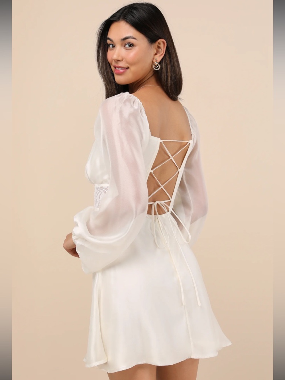 NWT - Medora Ivory Long Sleeve Lace-Up Mini Dress Fairy Shimmer Fantasy Cottage